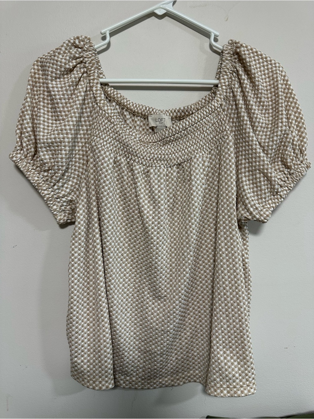 LOFT Cream Beige Smocked Neck Puff Sleeve Blouse